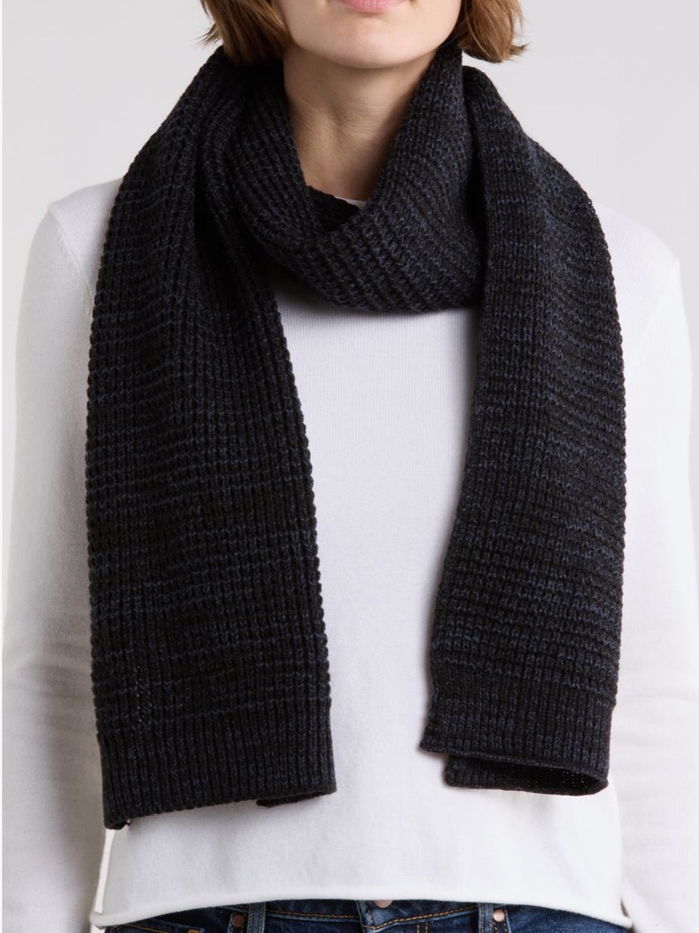 AllSaints Angled Stitch Marled Scarf Black Collegiate Blue Wool Blend NWT
